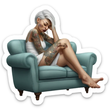 Hyper Realistic Beautiful tattooed woman crying lying on her sofa  sticker