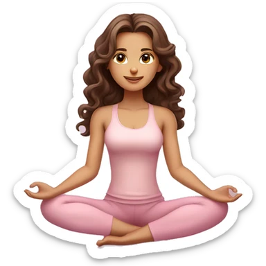 Brunette long curled hair and brown eyes yoga beautiful girl in light pink clothes sitting on a yoga mat sticker