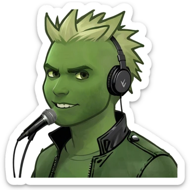 The image reflects a confident man with spiky blonde hair, a leather jacket, and a headset mic, likely a performer. He stands in a backstage area with pinned notes, illuminated by an LED-lit mirror. sticker