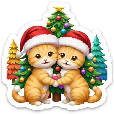 2 hazel eyed cute hugging smiling fluffy gold kittens with Santa hats by a colorful multicolored brightly lit up Christmas trees sticker