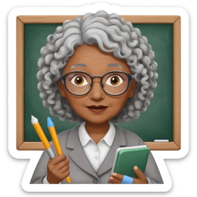 old woman teacher, brown skin, curly grey white hai, wearing glasses, hold chalk on hand sticker