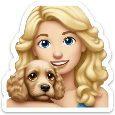 blue eyed blonde lady with brown Cockapoo puppy dog sticker