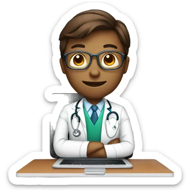 a doctor with stethoscope sitting in front of a laptop sticker