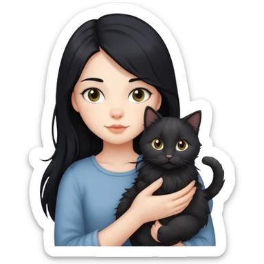A girl with long black hair holding a Devon cat sticker