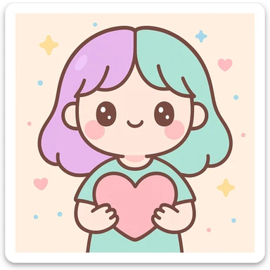 girl with half purple half green hair holding a heart, cute cartoon style sticker