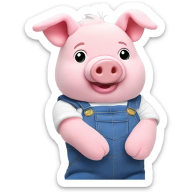Soft toy pink pig, in blue overalls and white sleeves shirt, soft plush sticker