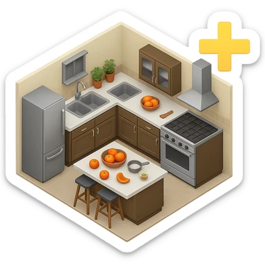 Make the background transparent, keep the plus (+) symbol in the top right corner yellow, and keep the kitchen emoji unchanged. sticker