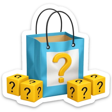 White bag with yellow questions mark cube boxes stuffed in it sticker