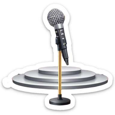 Create a glamorous and vibrant emoji that represents pop or stage vocal performance. The design should feature an empty stage with concert lighting. Include elements like an iconic stage microphone with a sparkling, rhinestone-studded microphone stand, set on a red carpet, a celebratory firework display in the background and a ribbon of musical notes flowing around the scene to symbolize the performance's energy. Use bright colors like gold, red, and silver to emphasize the excitement and glitz of the pop vocal world. The background should be transparent. sticker