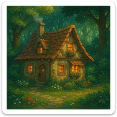 cozy cottage in a magical forest sticker