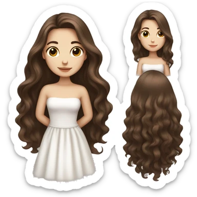 A beautiful girl with white skin touches her long brown hair sticker