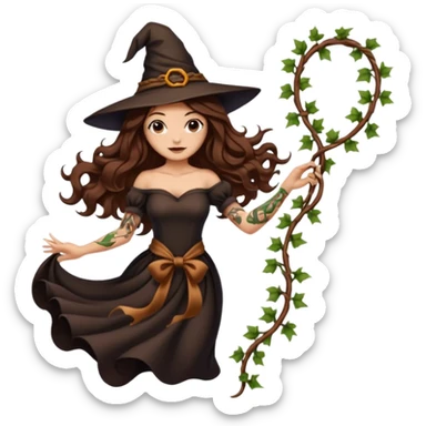witch woman long wavy brown hair tattoos pulling vine ribbon slowly sticker
