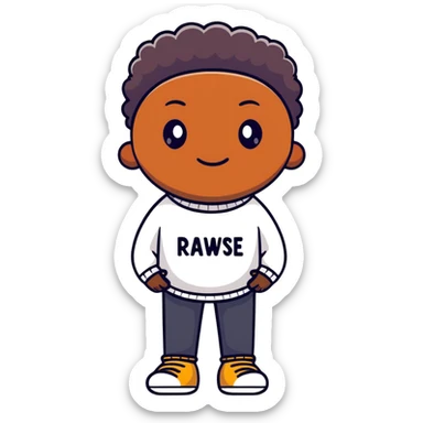Black person in a sweater with 'rawse' text sticker
