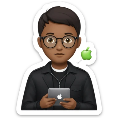 a asia man guy his 20s wearing an apple notebook, wearing bodyguard radio operator, round glasses, blackclothes sticker