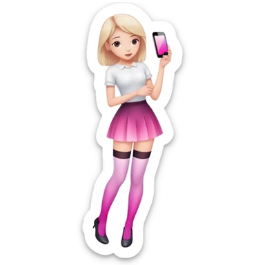 Cute girl character in stockings adjusting fashion accessory, pink gradient, glass effect, minimalist design sticker