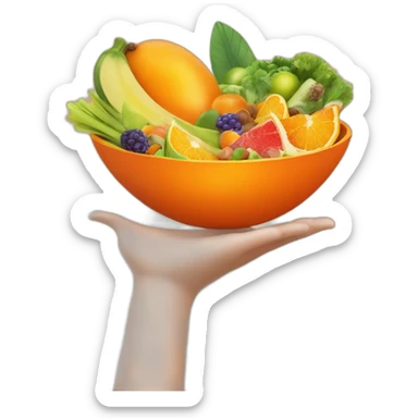 Create an image of a vibrant orange salad bowl filled with exotic fruits and vegetables, topped with a sparkling diamond. Include a hand elegantly holding the bowl from the side. sticker
