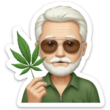 An old skinny guy in his 50's with white hair and stumbly small white beard, he wears a pair of sunglassed and holds a Big marihuana leaf  sticker