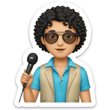 curly haired man with summer clothes and sun glasses holding microphone sticker