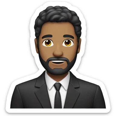 Man with straight dark hair and beard and suit sticker