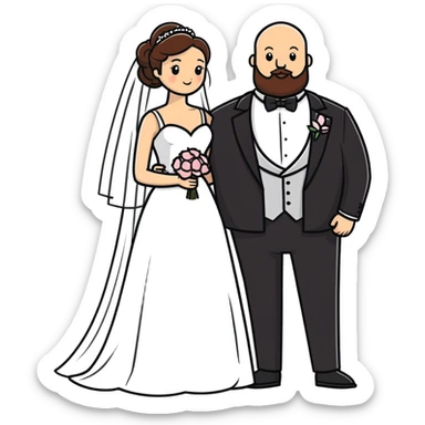 blue-eyed overweight bald man with a beard in a tux and brunette brown-eyed bride sticker