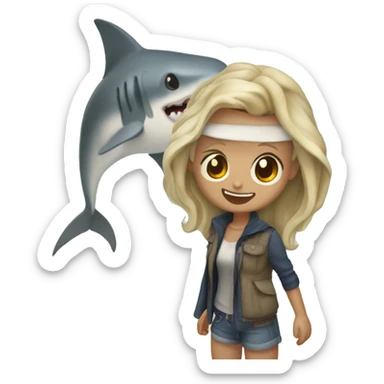 Persona encima de un tiburón en la playa i al lado de una chica sticker