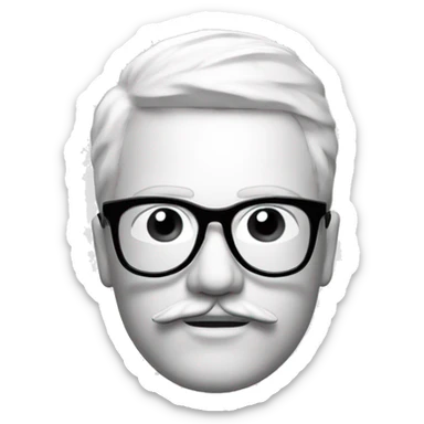 mannequin head of a man with a mustache, he wears black glasses, on a white background, the picture is black and white, and his head is standing straight sticker