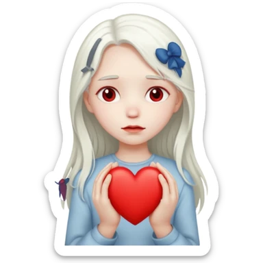 A girl with long white hair is sad and holds a red heart in her hands sticker