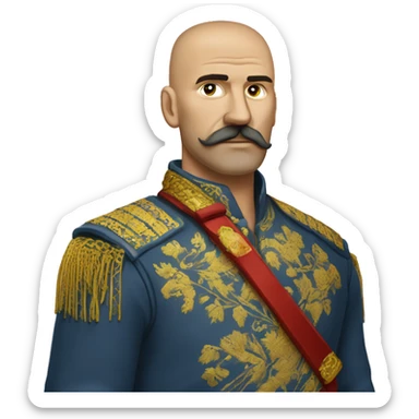 a Cossack warrior, The Cossack has a shaved head and a long strand of hair on one side. He has a thick, curved mustache and wears a gold earring in his left ear. He is wearing a simple Ukrainian embroidered shirt sticker
