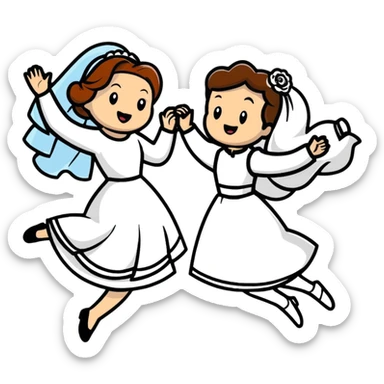 Comedic character in inappropriate outfit disrupting a wedding, jumping between bride and groom sticker
