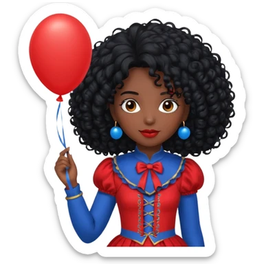 woman with curly black hair and dark face red costume, holding blue balloon sticker