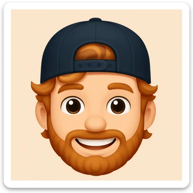 A boy with a backward cap, curly orange hair, and a goatee, emoji style sticker