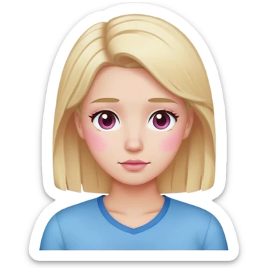 Blonde hair, brown eyes, white skin and pink blush, blue shirt sticker