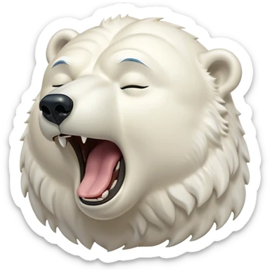 Cinematic Cute Yawning Polar Bear Portrait Emoji, Head tilted slightly with a dramatic, wide-open yawn, showcasing luxuriously thick fur and sleepy, half-closed eyes radiating drowsy contentment, Simplified yet irresistibly adorable features, highly detailed, glowing with a soft, cozy polar light, high shine, relaxed yet expressive, stylized with a dash of whimsical arctic charm, soft glowing outline, capturing the essence of a drowsy yet affectionate guardian that seems ready to stretch out for a nap! sticker