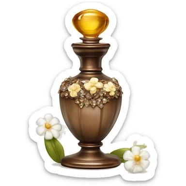 An antique perfume bottle with oil made of bronze and brown crystals, from which white cream and coffee milk flow, yellow flowers of fragrant vanilla lie next to it sticker