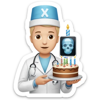 doctor emoji holding X-ray, birthday hat with cake on top. sticker