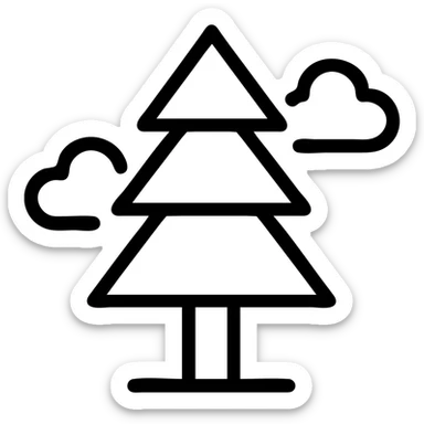 simple single evergreen tree with clouds in folk art style, dark neutral forest color tones, illustrated outlines, suitable for favicon sticker