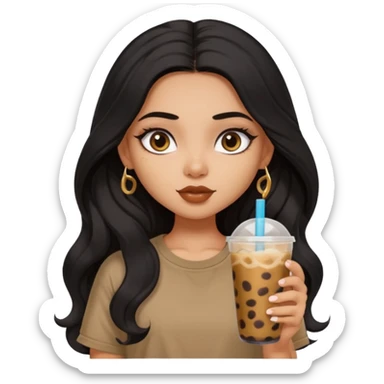 a pretty FAIR indian bratz girl with wavy long black hair, wearing an oversized brown tshirt, drinking boba, eyeliner on sticker