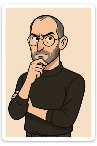 Steve Jobs in a thinking pose with hand on chin, creative genius vibe sticker