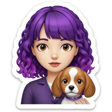 Girl with curly hair with purple roots and black ends and blunt bangs holding a beagle sticker