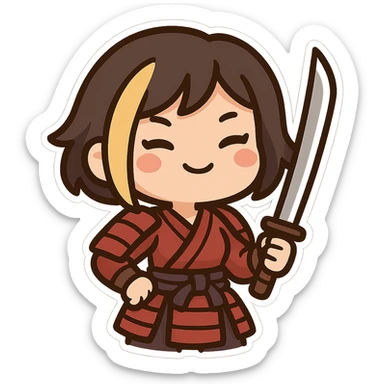 Convert this image to Twitch emoji format: chibi kawaii samurai girl with short hair and one streak of blonde in her hair, confident pose, simplified details, bold outlines, clear facial expression, transparent background, sized for Twitch emoji use. sticker