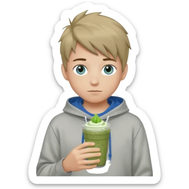 Boy who holds iced matcha has blue eyes and dark blonde hair. Wears grey streetwear hoodir sticker