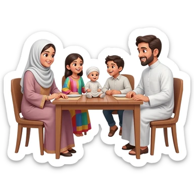 happy family islamic clothing sitting on table talking; mother wearing hijab more kids sticker