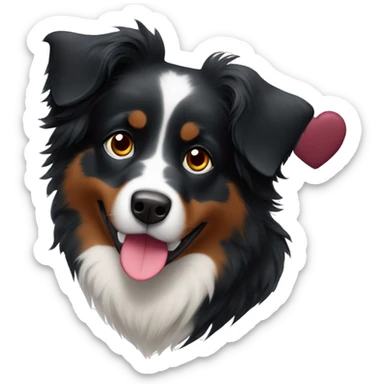 Small black australian shepherd dog with huge maroon heart sticker