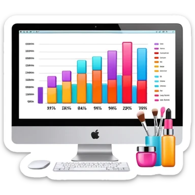 iMac computer with bar charts and beauty products inside the screen sticker