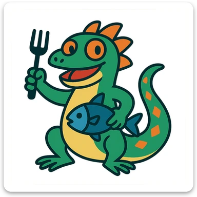playful lizard character, clutching a fork and a fish, vibrant colors sticker