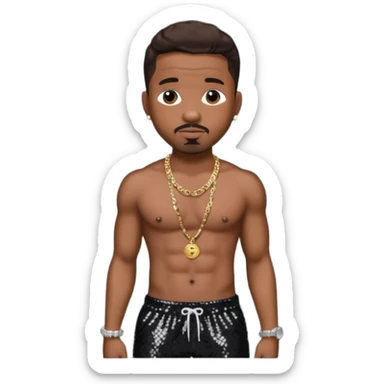Stevie J, Record Producer with dark brown hair, black sequin baggy pants, shirtless with necklace sticker