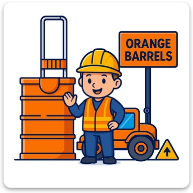 Add a friendly cartoon construction worker standing next to the orange road construction barrel and the 'Orange Barrels' sign. The worker should wear a yellow hard hat and a safety vest, matching the playful, bright cartoon scene. sticker