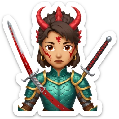 Fierce Latina in armor with a sword after a battle cutting off the head of a dragon sticker