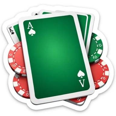 A photorealistic icon featuring playing cards and a stack of poker chips on a green felt table. Bright, detailed design with realistic textures and lighting. Transparent background, clearly symbolizing card games and strategy. sticker