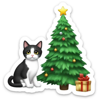 Christmas tree and black-and-white Cat ￼ sticker